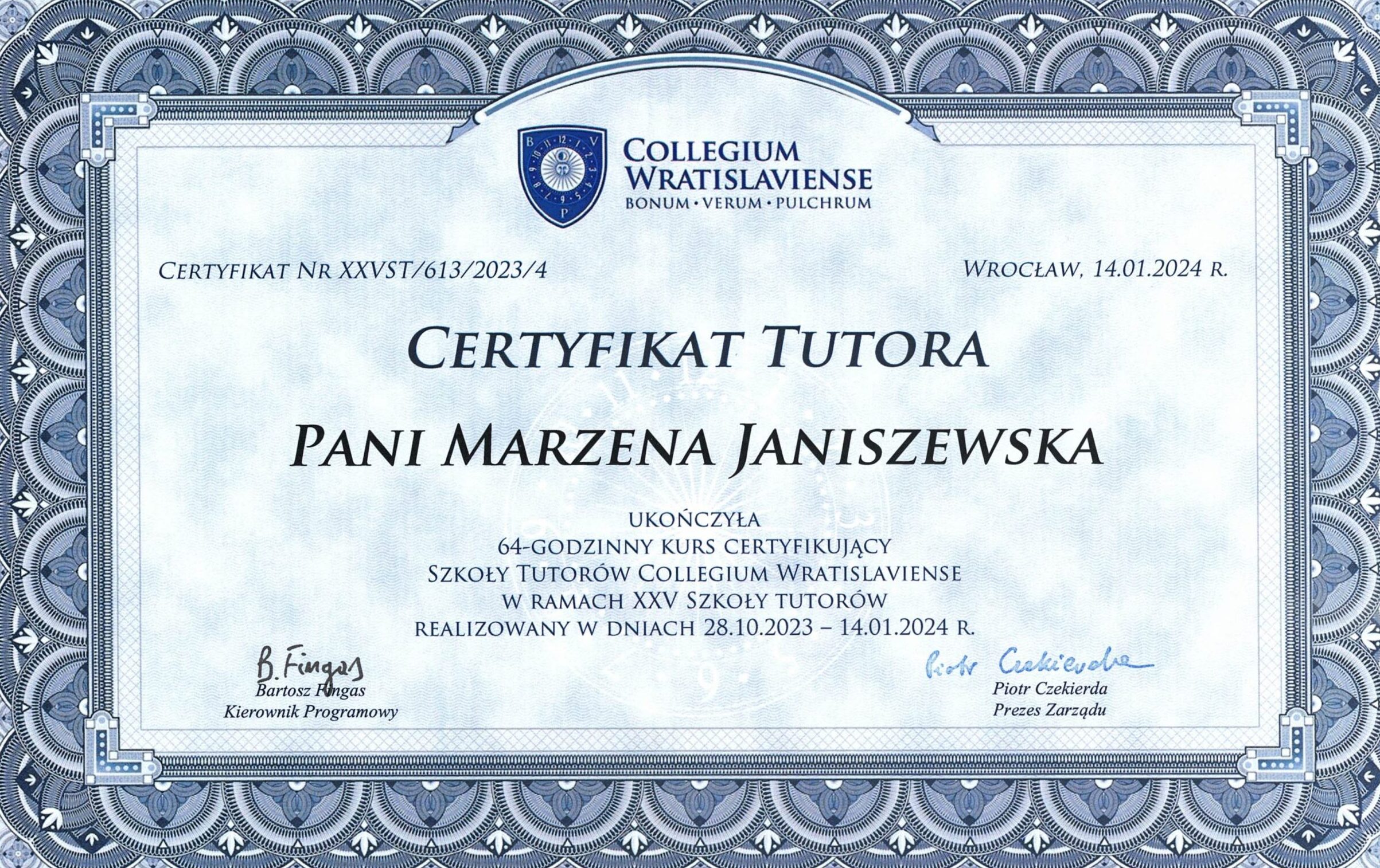 Certyfikat tutora Collegium Wratislaviense – Marzena Janiszewska