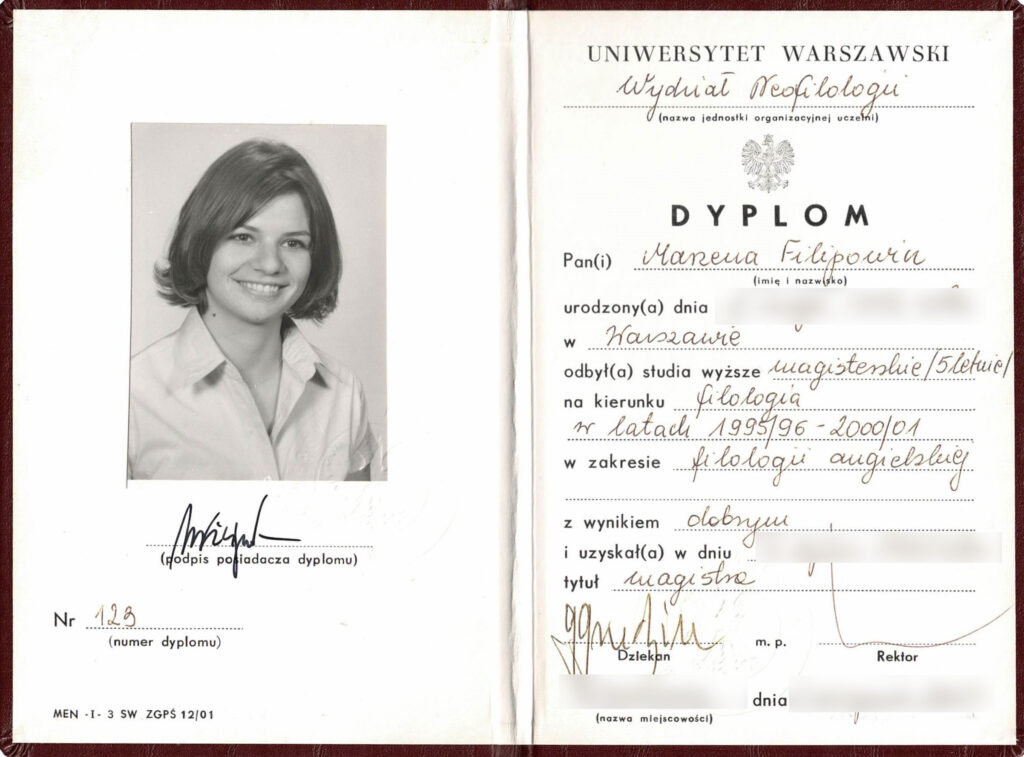 Dyplom ukończenia filologii angielskiej na Uniwersytecie Warszawskim – Marzena Janiszewska